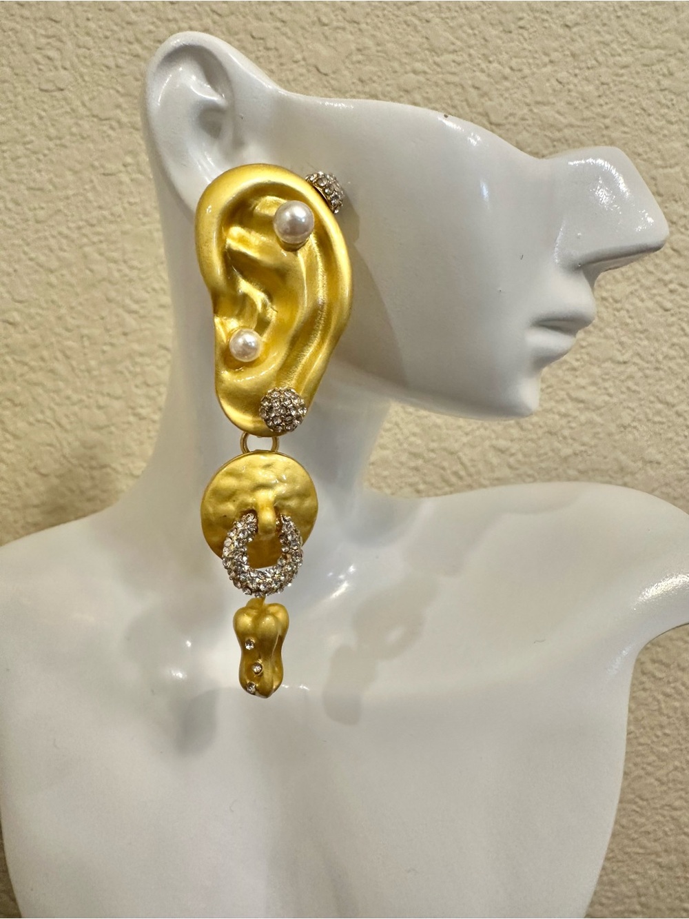 Matte Gold Plated Statement Ear Dangle Earring w/ Pearls & Crystals (posts)